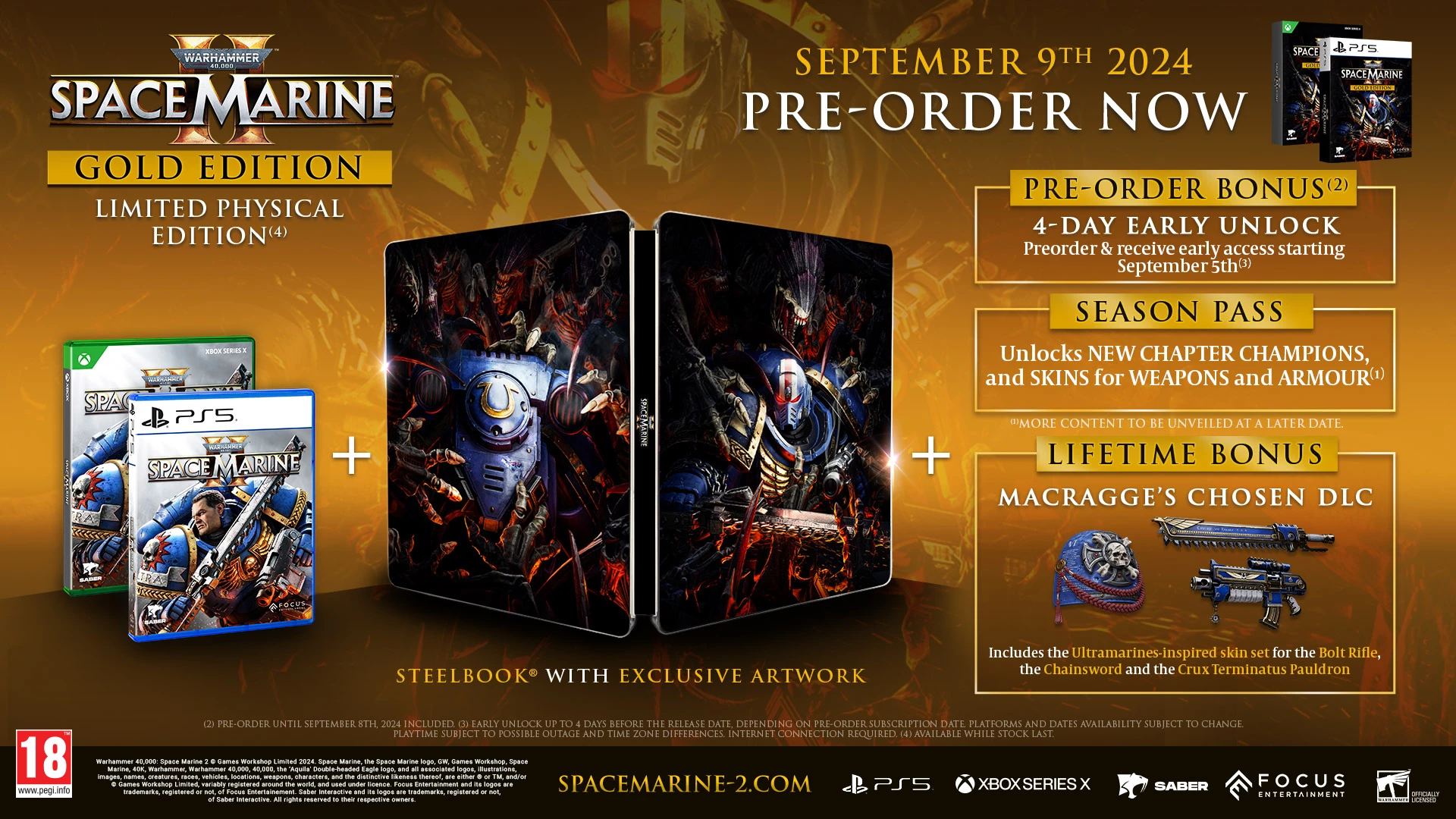 Lojë për Xbox Series X, Focus Entertainment, Warhammer 40,000: Space Marine 2 Gold Edition, PEGI 18, paketë me Season Pass + steelbook booklet