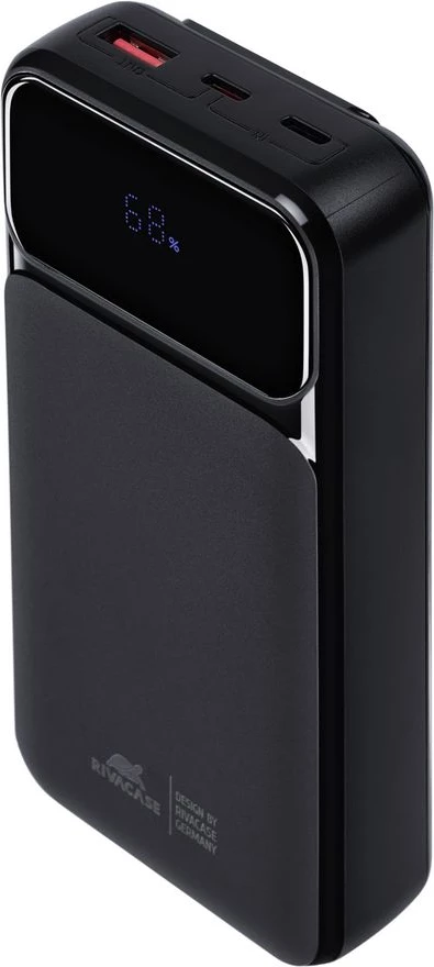 Powerbank RIVACASE VA2221 20000mAh 22.5W me ekran LCD, 3 kabllo (USB-C/Lightning/USB-A), e zezë