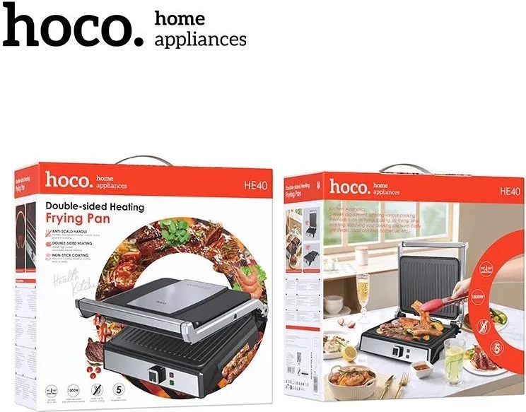 Grill elektrik HOCO HE40 1800W, 5 nivele temperature, 2 pllaka 290×230mm, argjend