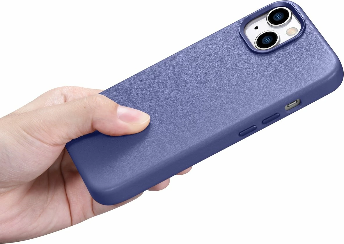 Mbështjellës iCarer për iPhone 14 Plus, lëkurë natyrale, MagSafe, vjollcë e çelët