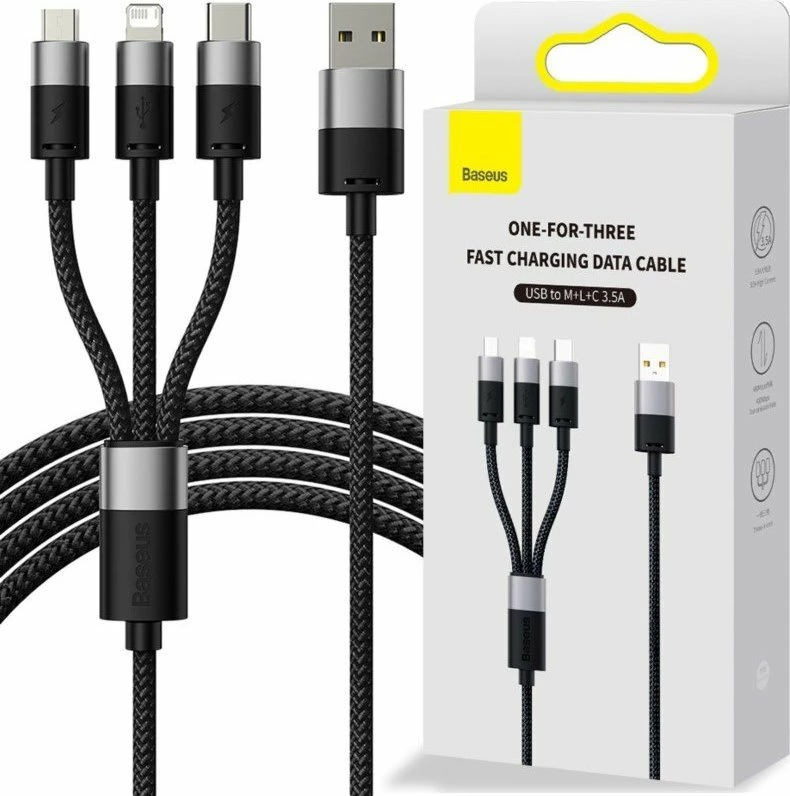Kabëll USB 3-në-1 Baseus StarSpeed BSU3937 1.2 m 3.5A USB-A në USB-C/microUSB/Lightning i zi