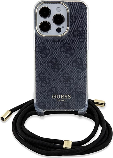 Mbështjellës Guess Crossbody Cord 4G Print për iPhone 15 Pro, zi