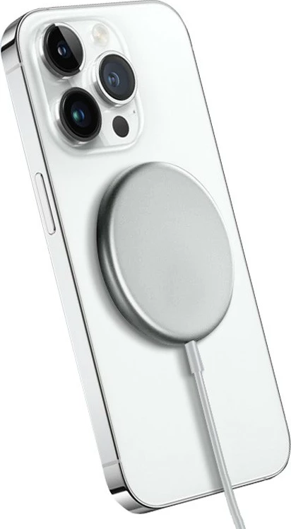 Karikues wireless CRONG MagSpot, 15W, MagSafe, USB-C, Argjend