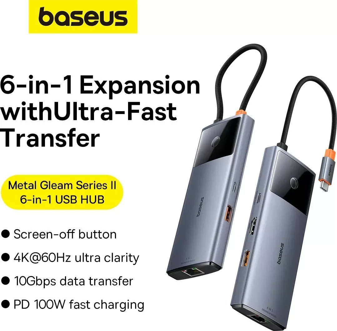 Hub USB Baseus Metal Gleam Series II 6-në-1 USB-C, HDMI 4K@60Hz, RJ-45 1Gbps, USB-C PD 100W, 2x USB-A 3.2 Gen2 10Gbps, gri