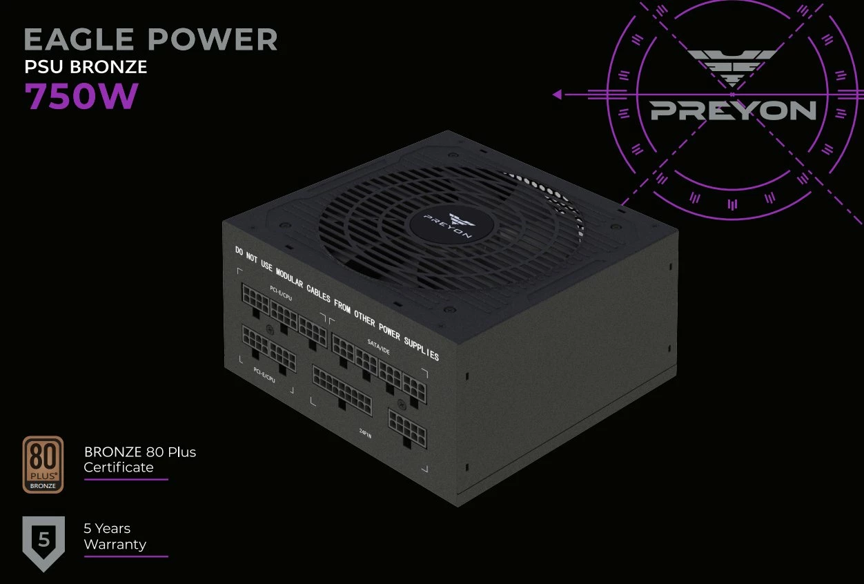 Furnizues rryme (PSU) PREYON Eagle Power Bronze PEPB750W 750W, 80 Plus Bronze, fully modular, i zi