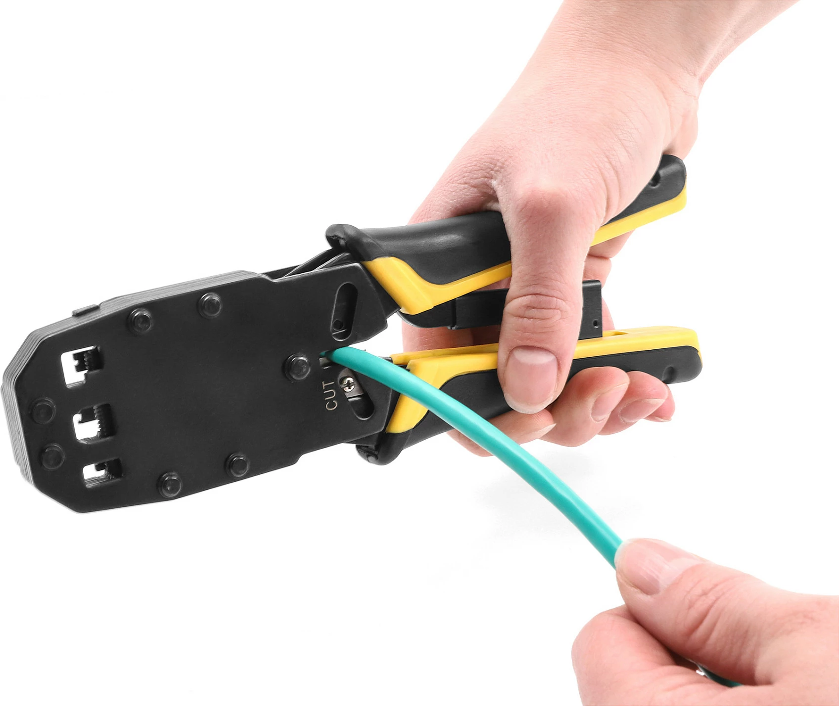 Krimpues kabllash DeLOCK, për RJ50/RJ45/RJ12/RJ11, me abisolues, zi/verdhë