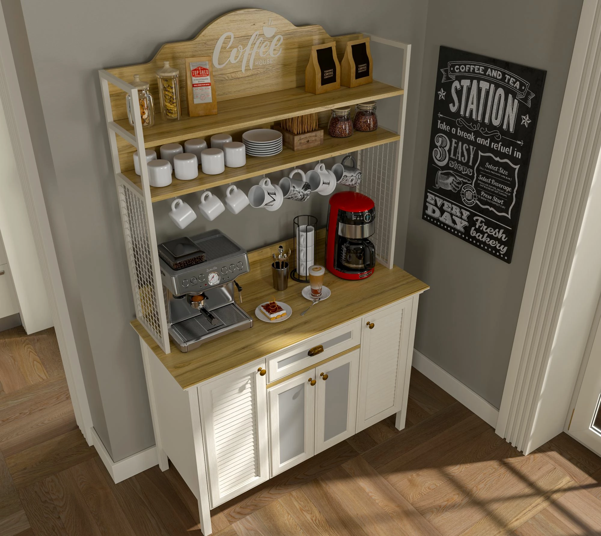 Dollap për kafe, ngjyrë krem, lis dhe e bardhë, Skye Decor, FRN-21027-1