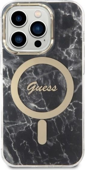 Set mbështjellës Guess Marble Collection me karikues wireless MagSafe për iPhone 14 Pro Max, 6.7", zi/artë