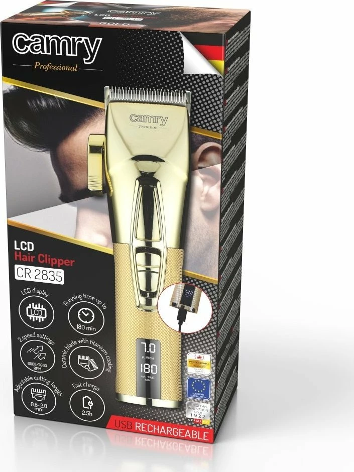 Makinë qethje Camry CR 2835G, 8 nivele 1.5-18 mm, teh qeramik & kokë titaniumi, bateri, USB-C, gold