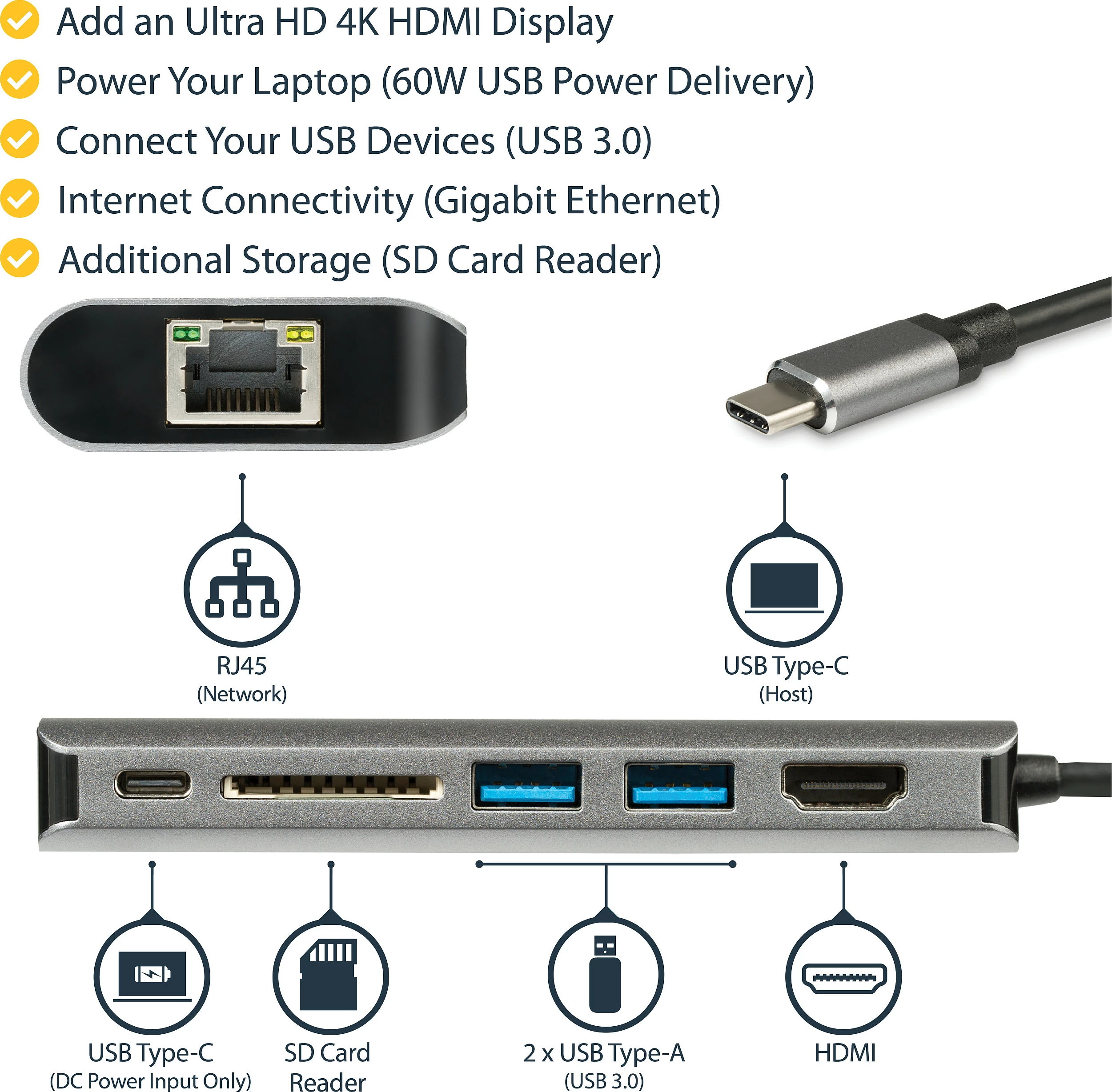 Adapter multiport USB-C StarTech DKT30CSDHPD3, HDMI 4K 60Hz, 2x USB 3.0, GbE, SD/microSD, PD 60W, gri