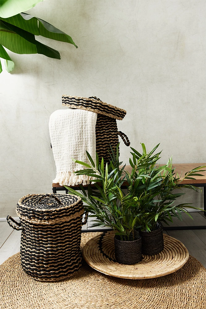 Set shporta DAMAN me kapak, 2 copë, 44x44x45cm, kashtë deti, natyrale/zezë