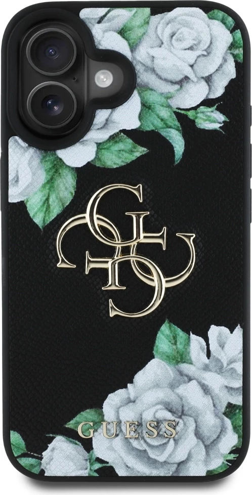 Mbështjellës Guess Grained Roses Big 4G logo për iPhone 16, i zi