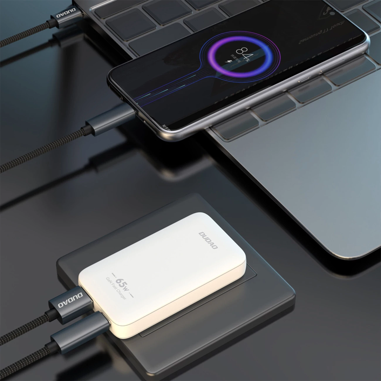 Karikues muri Dudao A65Q, 65W, GaN, USB-C/USB-A, i bardhë