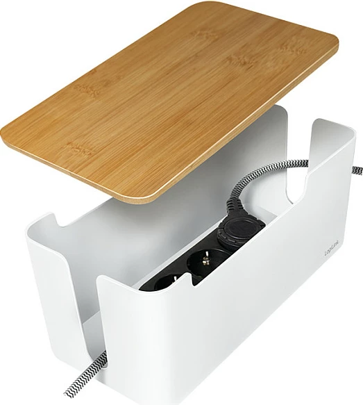 Kuti për kabllo LogiLink KAB0075, kapak bambuje, 310x140x130 mm, e bardhë/druri