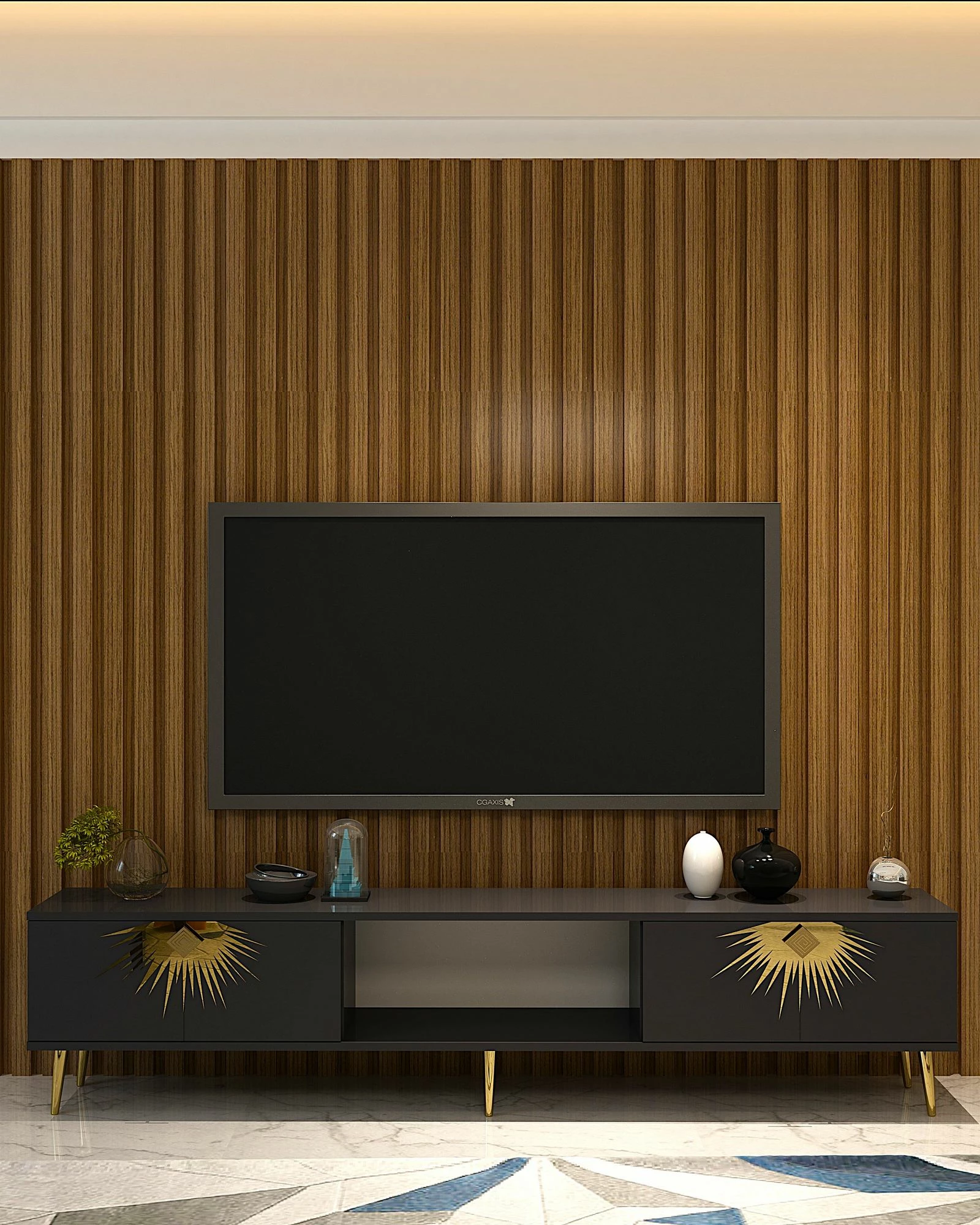 Komodë TV Skye Decor, ngjyrë antracit, detaje ari