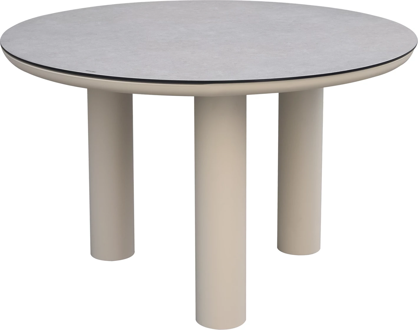 Tavolinë e rrumbullakët alumini DOSUN FH6201.02, kornizë ngjyrë krem e bardhë, sipërfaqe tavoline qelqi me pamje qeramike, Φ120cm