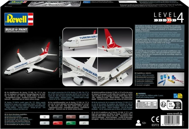 Komplet model plastik Revell Boeing 737-800 Turkish Airlines, 1:144, 63 pjesë, Bardhë/Kuqe