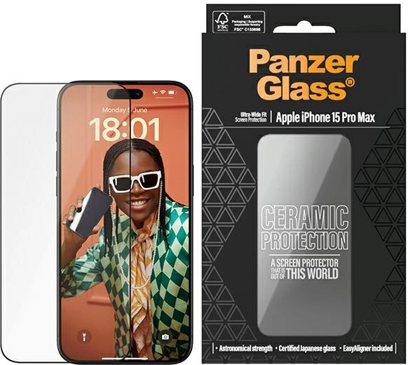 Mbrojtës ekrani qeramik PanzerGlass për iPhone 15 Pro Max, me kornizë pozicionimi