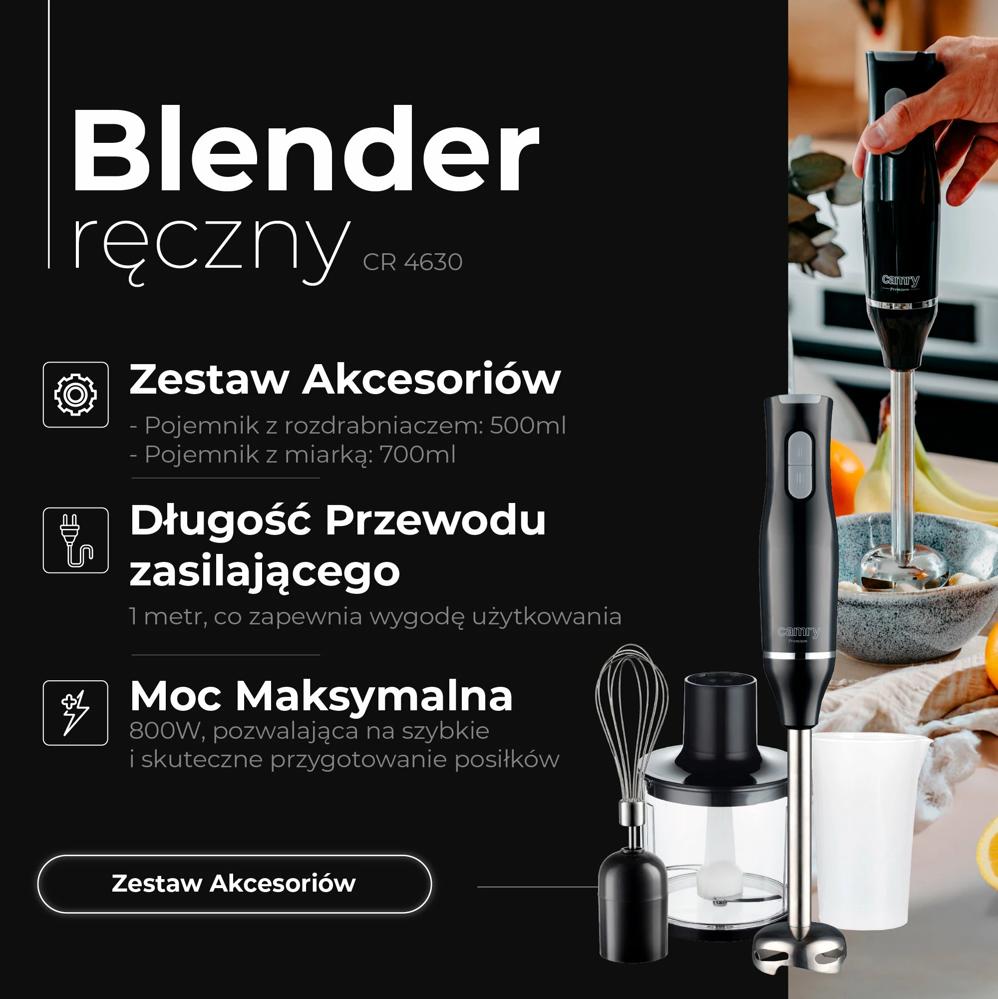 Blender dore Camry CR 4630, 800W, 2 shpejtësi, set me enë matëse 700 ml + grirës 500 ml + rrahëse, i zi