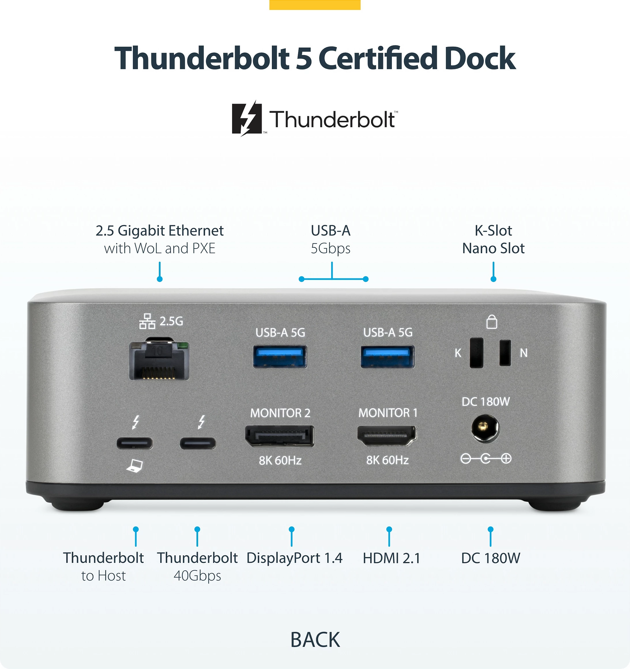 Docking station StarTech Thunderbolt 5, DP/HDMI, triple 4K 144Hz, karikim 140W, 2.5G Ethernet, gri