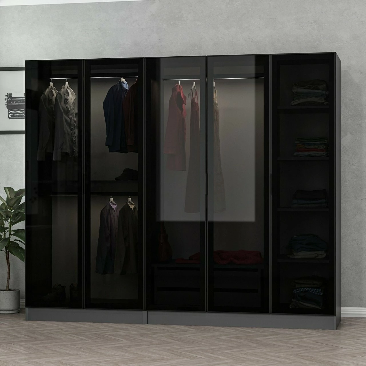 Dollap Skye Decor, anthracite e zi, 225x210x52cm, 7 pjesë
