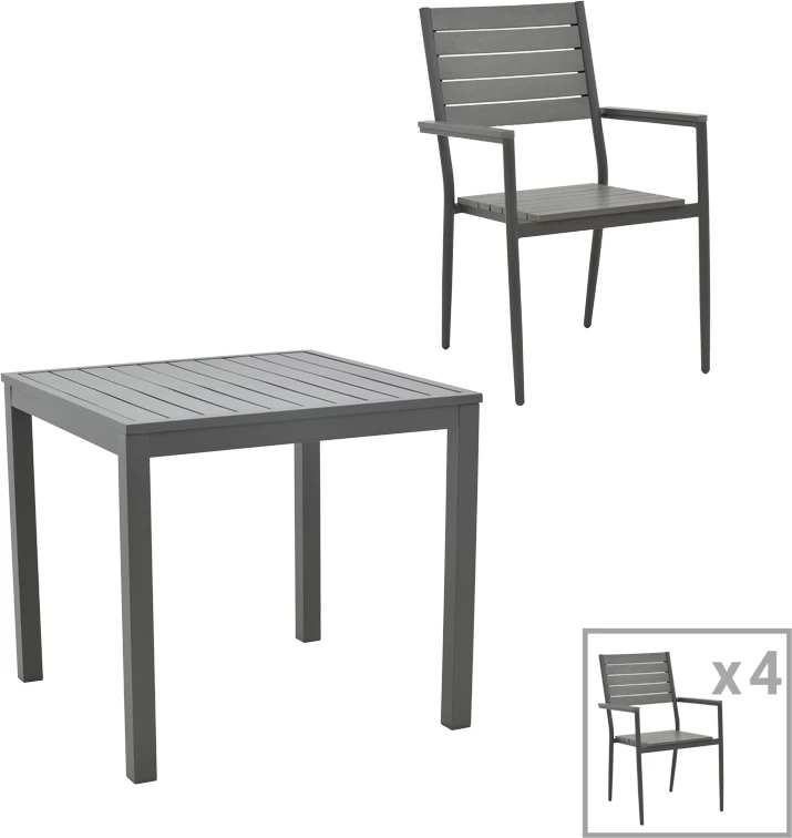 Tavolinë me karrige për terasë Uplift-Kliton, set 5 copë, alumin, plywood, ngjyrë antracit, 80x80x74cm