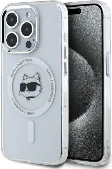 Mbështjellës Karl Lagerfeld IML Metal Choupette Head MagSafe për iPhone 15 Pro, Bardhë