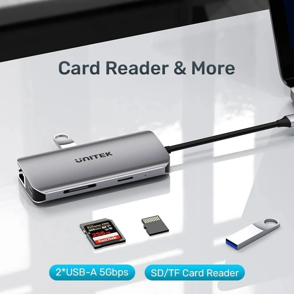 Hub UNITEK USB-C, 2x HDMI 4K, RJ45, PD 100W, Gri