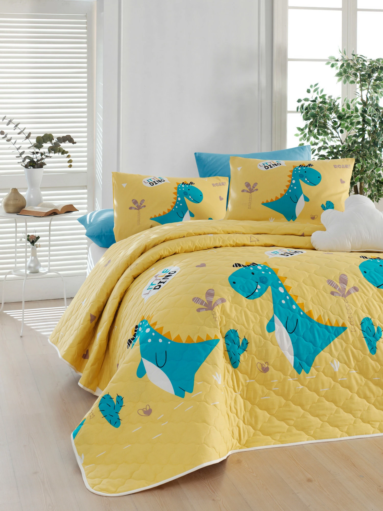 Përparëse e madhe e qepur, ngjyrë e verdhë, dinozaurë, L'Essentiel Linge de Maison