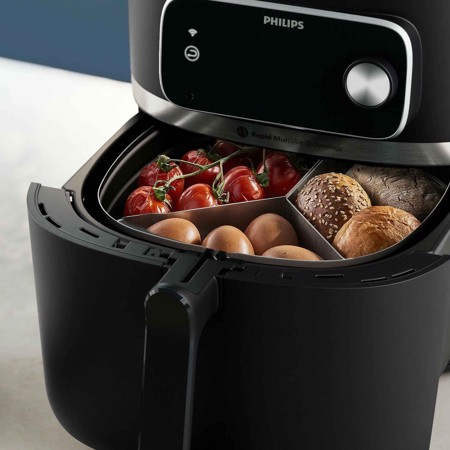 Ndarës shporte për fritëz ajri Philips HD9916/00, 3 ndarje, anti-ngjitës, i përshtatshëm për lavastovilje, gri