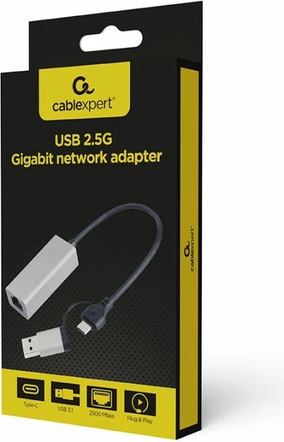 Kartelë rrjeti USB Gembird, 3.1 + Type-C në LAN 2.5Gb/s, gri