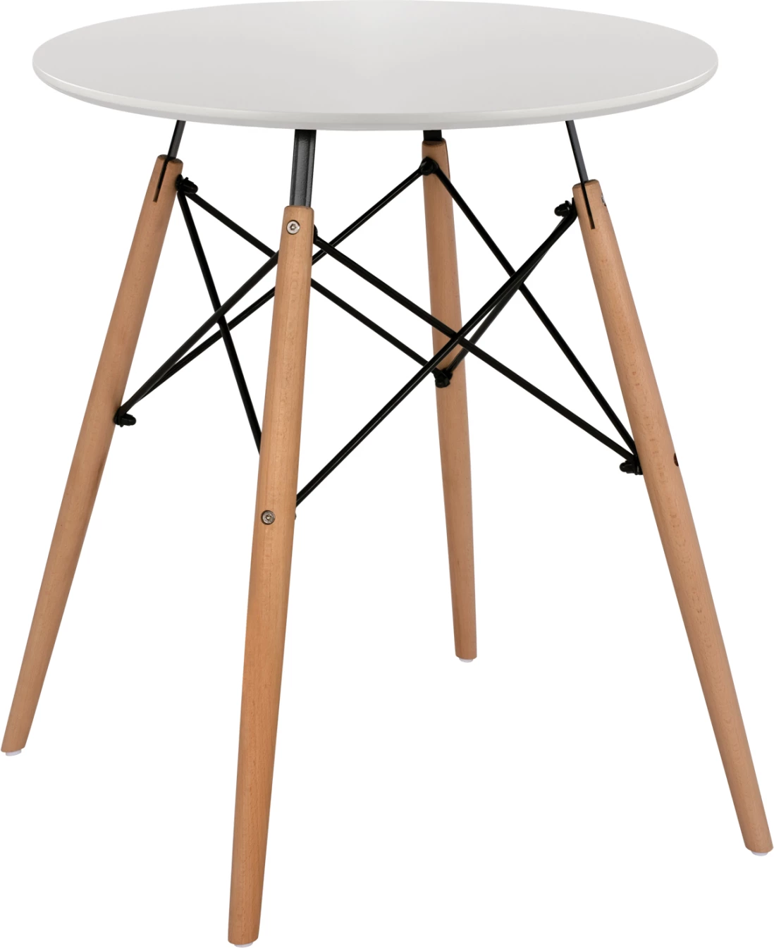 Tavolinë ngrënieje e rrumbullakët minimaliste, FH0060.01, MDF ngjyrë e bardhë, këmbë druri ahu ngjyrë natyrale, Φ60x72H cm