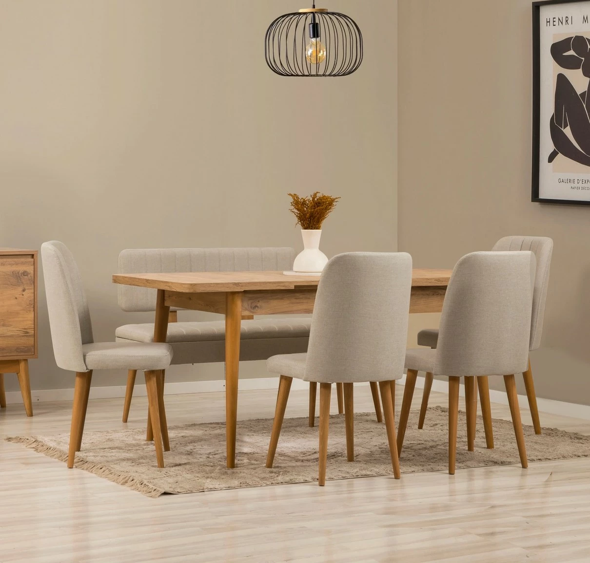 Set tavolinë me karrige për ngrënie, zgjatshëm, 6 copë, Hanah Home, Vina - ngjyrë pishë Atlantike, krem