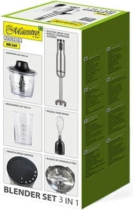 Blender dore Maestro MR-569, 1000W, 0.8L, argjendtë, set 3-në-1