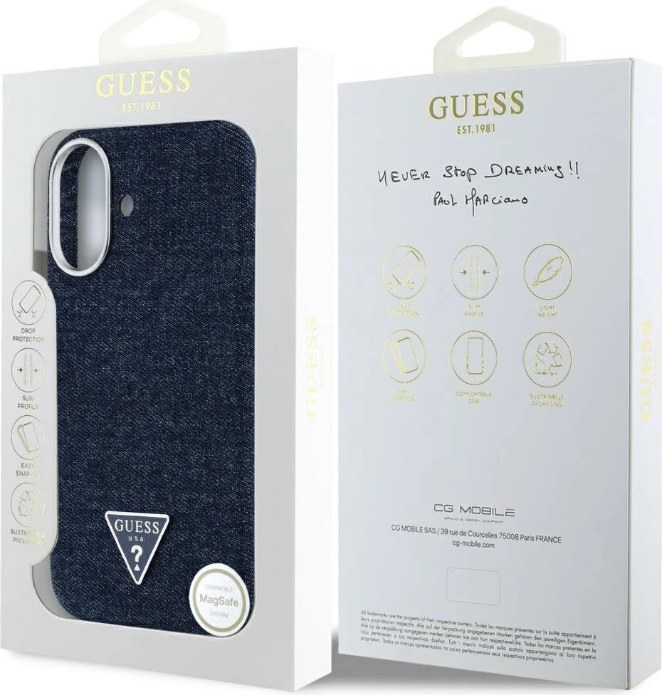 Mbështjellës Guess Denim Triangle Logo MagSafe për iPhone 16, Kaltër