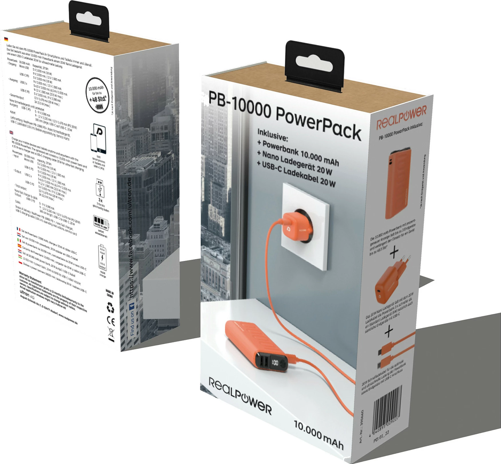 Power bank Realpower Ultron PB-10000, 10000 mAh, USB-C/USB-A, fast charge, portokalli