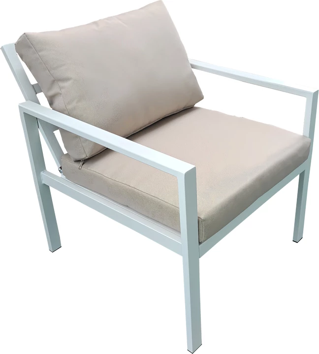 Set lounge për oborr, 4 pjesë, kornizë e bardhë, jastëkë bezhë, Gardenly