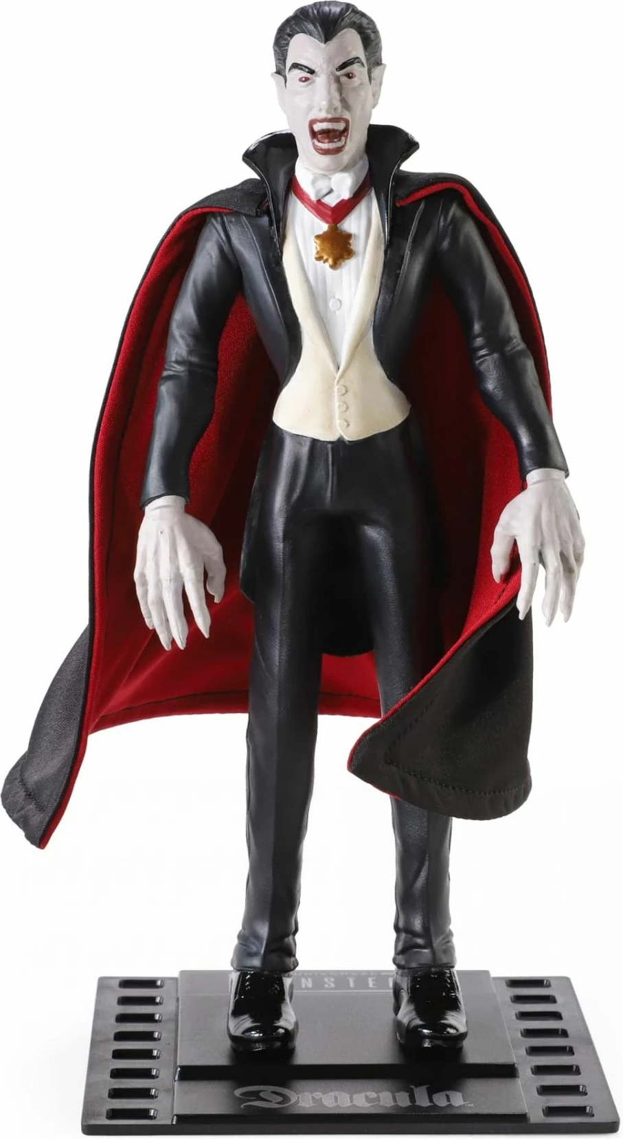 Figurinë Noble Collection Bendyfigs Universal Monsters Dracula 19 cm me pelerinë dhe stand, e zezë/kuqe