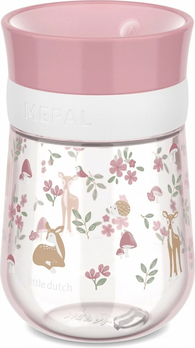 Gotë trajnimi për fëmijë Mepal Mio 300 ml, kapak 360°, pa dorezë, pa BPA, Fairy Garden, pink