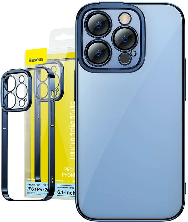 Mbështjellës Baseus Glitter për iPhone 14 Pro me xham të temperuar, kaltër