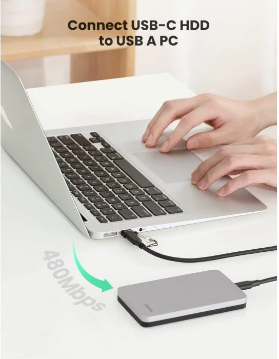 adapter mini USB-A në USB-C UGREEN 50568 18W 480Mbps me dalje audio, zezë/argjendtë