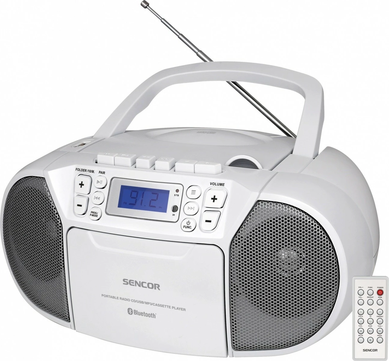 Radio kasetofon Sencor SPT 3907W me CD, Bluetooth, MP3, USB, AUX, e bardhë