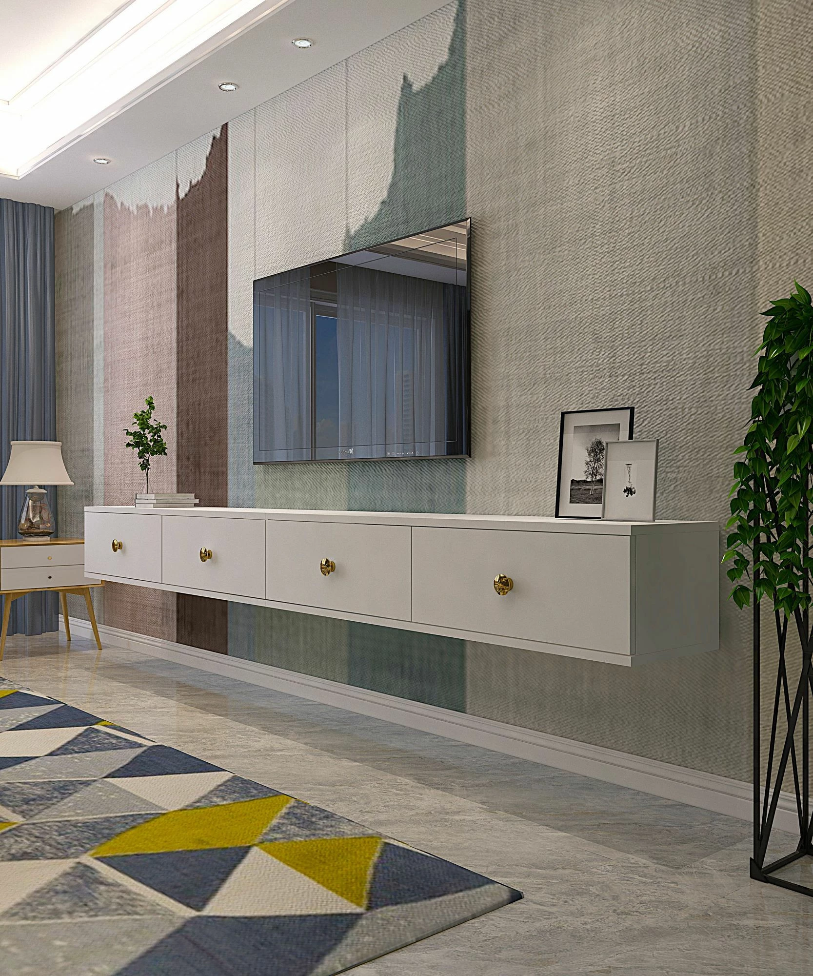 Komodë TV Zuzu Double, e bardhë, Skye Decor