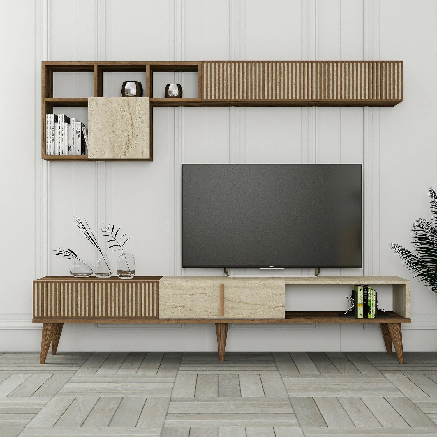 Komodë TV Hanah Home, Milan, ngjyrë arre dhe travertin