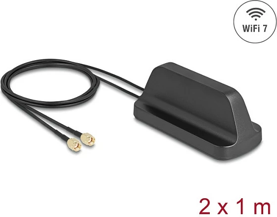 Antena WiFi DeLOCK ULA100, Wi‑Fi 7, 2x RP‑SMA, 2x 1 m kabllo, IP67, e zezë