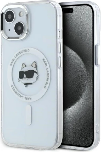 Mbështjellës Karl Lagerfeld IML Metal Choupette Head MagSafe për iPhone 15 Plus, Bardhë