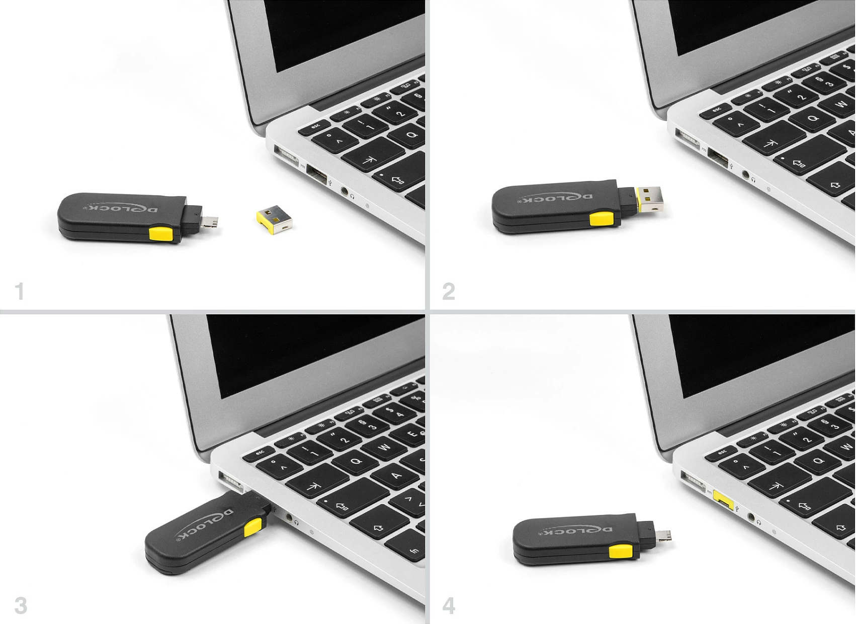 Set bllokues portash USB DeLOCK për USB Type-A, 4 copë + çelës, zi/verdhe