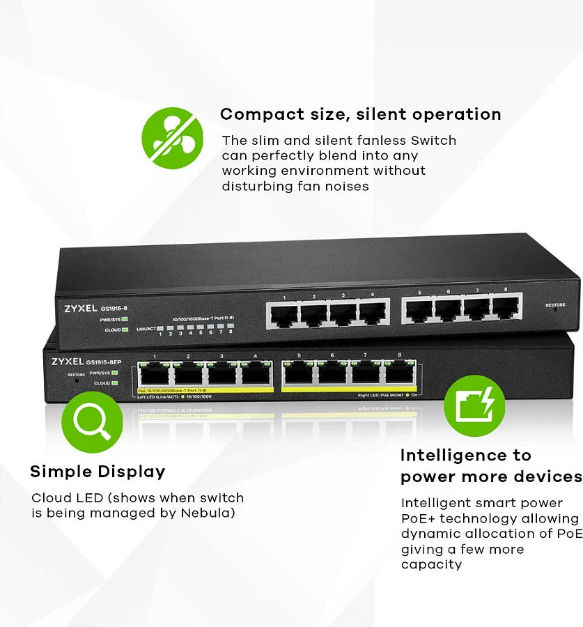 Switch Zyxel GS1915-8EP, i menaxhuar, L2, Gigabit Ethernet, PoE
