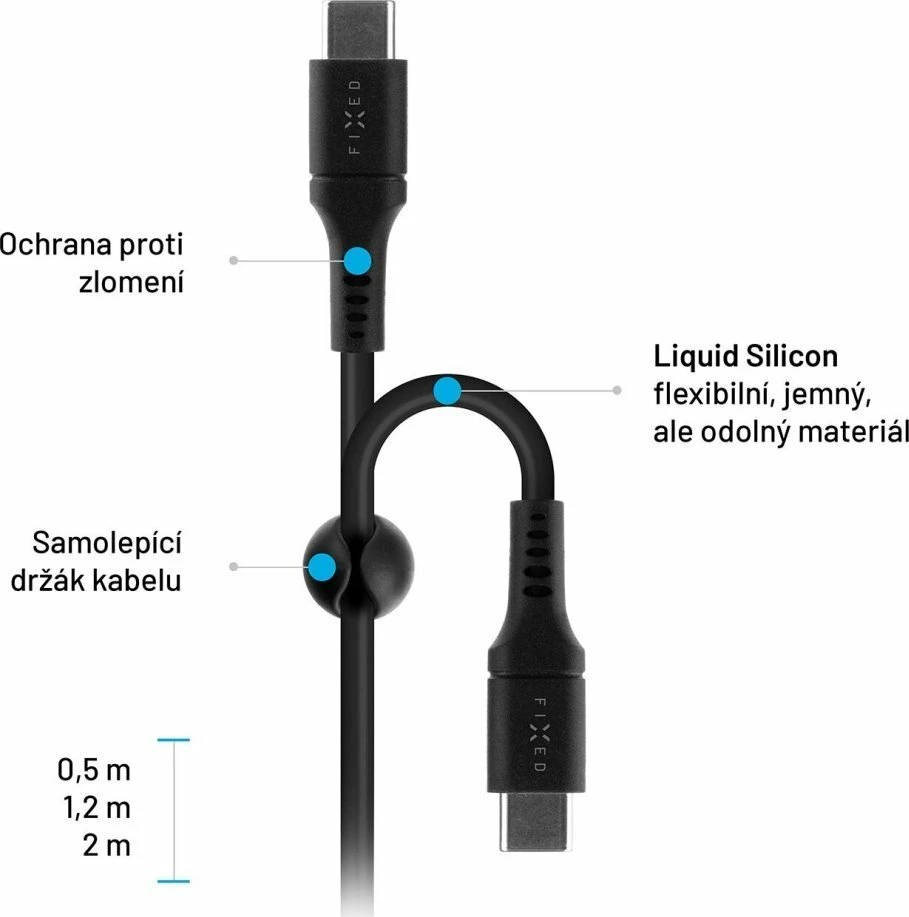 Kabllo USB-C/USB-C Fixed FIXDLS-CC12-BK 1.2 m 60W e zezë, me organizues ngjitës dhe rrip Velcro