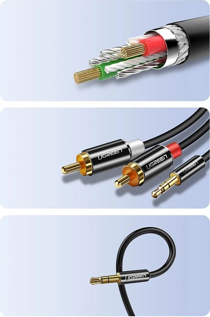 Kabllo audio Ugreen AV116 10584, mini jack 3.5mm në 2RCA, 2m, e zezë